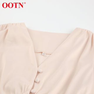 OOTN White Single Breasted Elegant Dress For Women Party Robe High Waist Satin Long Dress Chic Midi Dresses Lantern Sleeve ALODIA STORE