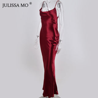 JULISSA MO Sexy Spaghetti Strap Backless Summer Dress Women Satin Lace Up Trumpet Long Dress Elegant Bodycon Party Dresses 2023 ALODIA STORE