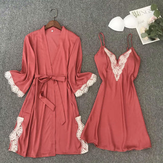 Satin Robe Set Sexy Female Sleepwear Summer Kimono Bathrobe Lace Trim Bride Bridesmaid Dressing Gown Casual Nightgown ALODIA STORE