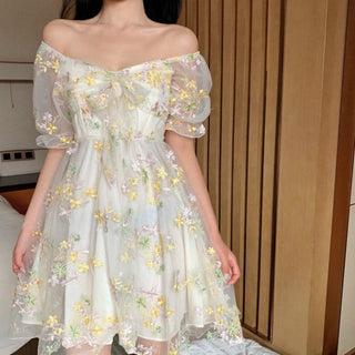 French Floral Dress Women Sexy Puff Sleeve Lace Chiffon Print Mini Dress Women Summer Korean Style Vintage Fairy Dress New 2023 ALODIA STORE