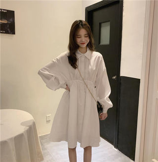 QWEEK Shirt Dress Women Korean Style Polo Collar Black ALODIA STORE