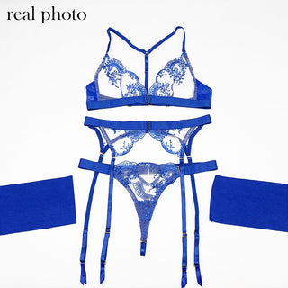 Echonight Sexy Women's Underwear Transparent Lingerie Embroidery Wireless Bra and Panty Set with Thongs Blue Lace Erotic Sets ALODIA STORE