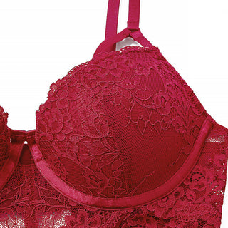 Sexy Body Women Push Up Strappy Cup Underwire Hollow Out Back Floral Pattern Bodysuit Women Lingerie Bra with Openable Crotch ALODIA STORE