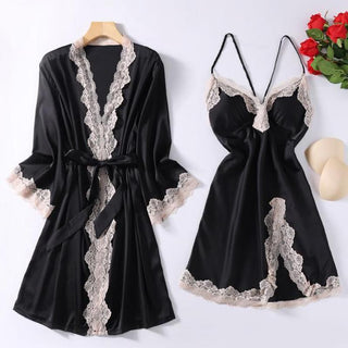 Satin Robe Set Sexy Female Sleepwear Summer Kimono Bathrobe Lace Trim Bride Bridesmaid Dressing Gown Casual Nightgown ALODIA STORE
