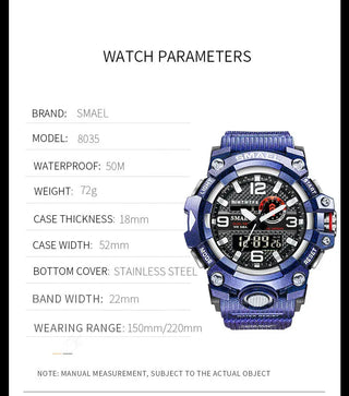 SMAEL Men Sport Watches Dual Time Digital Watch Quartz 50m Waterproof Watch Led Military Watch Sport 8035 Men Watches Wristwatch ALODIA STORE