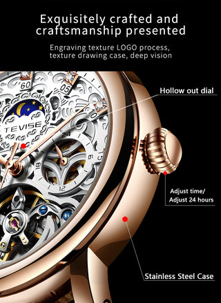 TEVISE Brand Classic Retro Men Watches Automatic Mechanical Watch Men Tourbillon Clock Genuine Leather Waterproof Business Watch ALODIA STORE