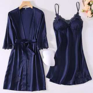 Satin Robe Set Sexy Female Sleepwear Summer Kimono Bathrobe Lace Trim Bride Bridesmaid Dressing Gown Casual Nightgown ALODIA STORE