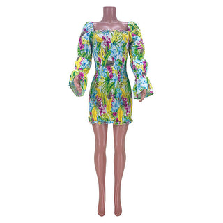 Puff Sleeve Square Neck Bodycon Dress Floral Printed Slim Mini Dress ALODIA STORE