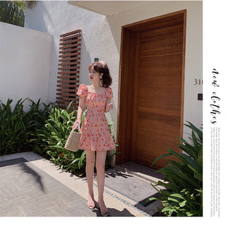 Pink Elegant Kawaii Dress Women Floral Print Cherry Mini Dress Female Casual Sweet Japan Korean Style Summer Dress Women 2020 ALODIA STORE