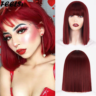 Short Bob Synthetic Wigs With Bangs for Women Wigs Blonde Black Blue fiber Natural Hair for Lolita Cosplay Party Daily Use ALODIA STORE