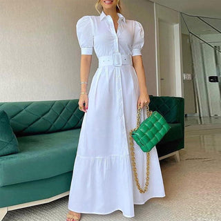 Summer Puff Shoulder Sexy Party Dress Spring Solid Button Long Shirt Dress Women Elegant Turn-down Collar Office Lady Maxi Dress ALODIA STORE