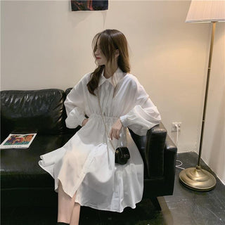 QWEEK Shirt Dress Women Korean Style Polo Collar Black ALODIA STORE