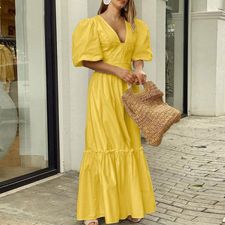 Summer Puff Shoulder Sexy Party Dress Spring Solid Button Long Shirt Dress Women Elegant Turn-down Collar Office Lady Maxi Dress ALODIA STORE