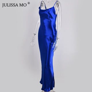 JULISSA MO Sexy Spaghetti Strap Backless Summer Dress Women Satin Lace Up Trumpet Long Dress Elegant Bodycon Party Dresses 2023 ALODIA STORE