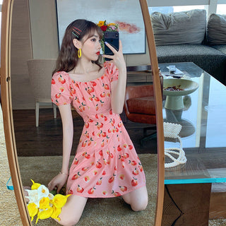 Pink Elegant Kawaii Dress Women Floral Print Cherry Mini Dress Female Casual Sweet Japan Korean Style Summer Dress Women 2020 ALODIA STORE
