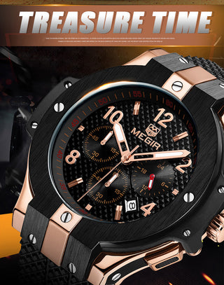 MEGIR Brand Men Watch Quartz Watch Gold Rubber Band 3ATM Water Resistant Chronograph Mens Quartz Wrist Watch ALODIA STORE
