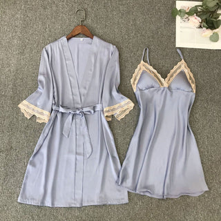 Satin Robe Set Sexy Female Sleepwear Summer Kimono Bathrobe Lace Trim Bride Bridesmaid Dressing Gown Casual Nightgown ALODIA STORE
