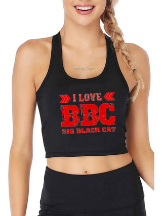 I Love Big Black Cat Graphical Sexy CropTop Adult Humor Fun Flirty Print Tank Tops Hotwife Yoga Sports Fitness Camisole ALODIA STORE