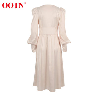 OOTN White Single Breasted Elegant Dress For Women Party Robe High Waist Satin Long Dress Chic Midi Dresses Lantern Sleeve ALODIA STORE