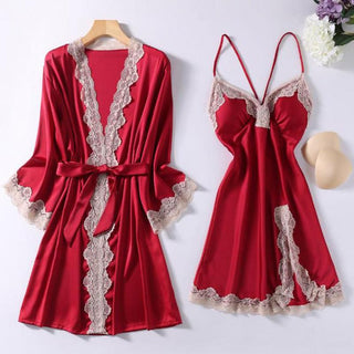 Satin Robe Set Sexy Female Sleepwear Summer Kimono Bathrobe Lace Trim Bride Bridesmaid Dressing Gown Casual Nightgown ALODIA STORE