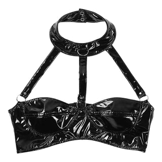 MSemis Women Pole Dance Crop Top Wet Look Patent Leather Lingerie Halter Neck Strappy Harness Backless Wire-free Bustier Bra Top ALODIA STORE