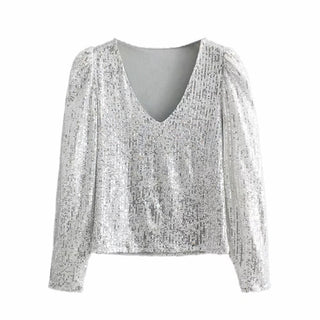 Elegant Women Sequined Tops 2021 Spring Fashion Ladies Vintage Silver Top Party Female Sexy V-Neck Tops Femme Girls Chic Clothes ALODIA STORE