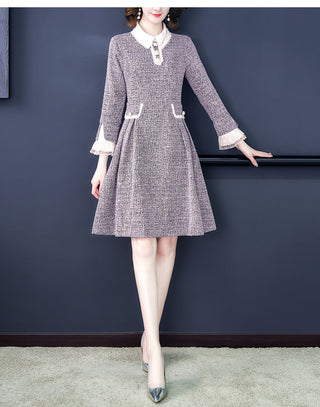 EVNISI Women 2023 Winter Grey Dress Tweed Dress For Party A-Line Flare Sleeve Woolen Dress Holiday Vestidos Thick Outerwear ALODIA STORE