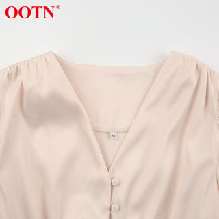 OOTN White Single Breasted Elegant Dress For Women Party Robe High Waist Satin Long Dress Chic Midi Dresses Lantern Sleeve ALODIA STORE