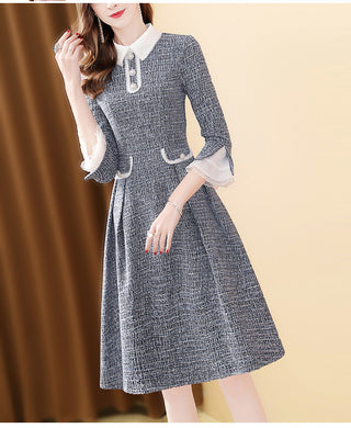 EVNISI Women 2023 Winter Grey Dress Tweed Dress For Party A-Line Flare Sleeve Woolen Dress Holiday Vestidos Thick Outerwear ALODIA STORE