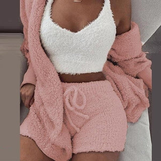 Three Piece Sexy Fluffy Sets Velvet Plush Hooded Cardigan Coat+Shorts+Crop Top Women Tracksuit Casual Sports Overalls Sweatshirt ALODIA STORE