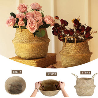 LuanQI Wicker Basket Toy Organizer Folding Rattan Seagrass Storage Basket Laundry Woven Basket Plant Flower Pot For Home Garden ALODIA STORE