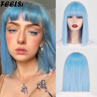 Short Bob Synthetic Wigs With Bangs for Women Wigs Blonde Black Blue fiber Natural Hair for Lolita Cosplay Party Daily Use ALODIA STORE