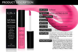 QIBEST Matte Lip Gloss Lip Makeup 34 Colors Velet Nude Waterproof Lipgloss Matte Lipstick Liquid Lipstick Long lasting Lip Tint ALODIA STORE