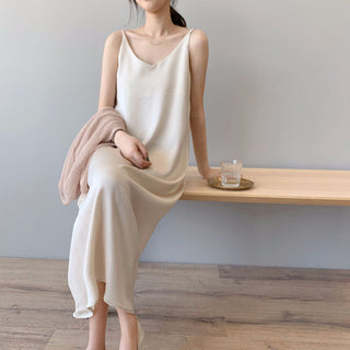 Spring summer Woman Tank Dress Casual Satin Sexy Camisole Elastic Female Home Beach Dresses v-neck camis sexy dress ALODIA STORE