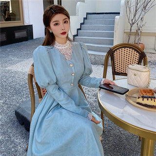 Solid Elegant Dress Women Winter Patchwork Lace ALODIA STORE