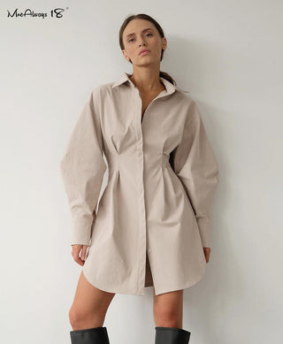 Mnealways18 Spring Summer Bodycon Dress Women Khaki Long Sleeve Pleated Shirt Dress Office Ladies Solid Lapel Casual Mini Dresss ALODIA STORE