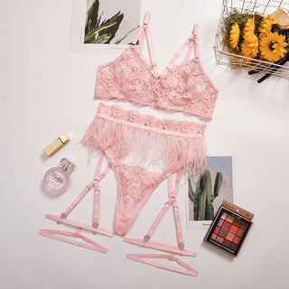 Ellolace Feather Sexy Lingerie Women's Underwear Set Woman 3 Pieces Women Sets Lingerie Sexy Push up Sensual Lingerie Woman ALODIA STORE