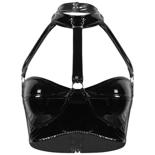 MSemis Women Pole Dance Crop Top Wet Look Patent Leather Lingerie Halter Neck Strappy Harness Backless Wire-free Bustier Bra Top ALODIA STORE