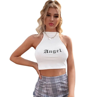 Rib Knit Women Sexy Tank CropTops Summer Half-High Collar Sleeveless Solid Embroidery Slim Skinny Stretch Basic Casual Vests ALODIA STORE