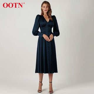 OOTN White Single Breasted Elegant Dress For Women Party Robe High Waist Satin Long Dress Chic Midi Dresses Lantern Sleeve ALODIA STORE