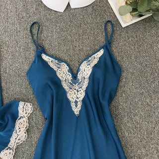 Satin Robe Set Sexy Female Sleepwear Summer Kimono Bathrobe Lace Trim Bride Bridesmaid Dressing Gown Casual Nightgown ALODIA STORE