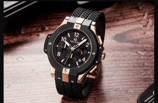 MEGIR Brand Men Watch Quartz Watch Gold Rubber Band 3ATM Water Resistant Chronograph Mens Quartz Wrist Watch ALODIA STORE