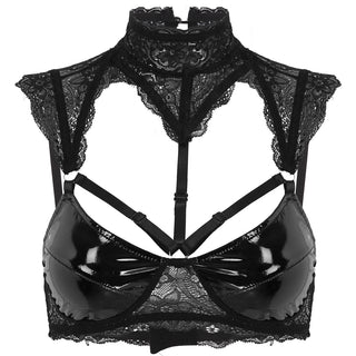 MSemis Women Pole Dance Crop Top Wet Look Patent Leather Lingerie Halter Neck Strappy Harness Backless Wire-free Bustier Bra Top ALODIA STORE
