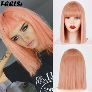 Short Bob Synthetic Wigs With Bangs for Women Wigs Blonde Black Blue fiber Natural Hair for Lolita Cosplay Party Daily Use ALODIA STORE