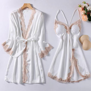 Satin Robe Set Sexy Female Sleepwear Summer Kimono Bathrobe Lace Trim Bride Bridesmaid Dressing Gown Casual Nightgown ALODIA STORE