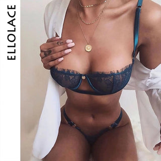 Ellolace Sexy Women's Underwear Lingerie See Through Bra Low Cup Lace Underwear Set Sexy Lingerie Set Bra And Panty Set alodia store