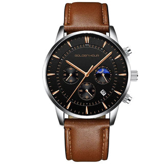 GOLDENHOUR Men's Watch Top Brand Luxury Fashion Quartz Watch Men Leather Waterproof Sports Wrist Watch Male Relogio Masculino ALODIA STORE