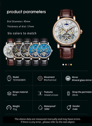 TEVISE Brand Classic Retro Men Watches Automatic Mechanical Watch Men Tourbillon Clock Genuine Leather Waterproof Business Watch ALODIA STORE