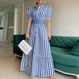 Summer Puff Shoulder Sexy Party Dress Spring Solid Button Long Shirt Dress Women Elegant Turn-down Collar Office Lady Maxi Dress ALODIA STORE