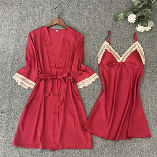 Satin Robe Set Sexy Female Sleepwear Summer Kimono Bathrobe Lace Trim Bride Bridesmaid Dressing Gown Casual Nightgown ALODIA STORE
